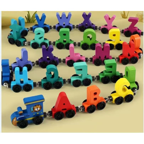 Trenulet Magnetic, din Lemn, Model Alfabet, 26 Litere, +3 Ani, Jucarie de Asamblat, Multicolor [3]
