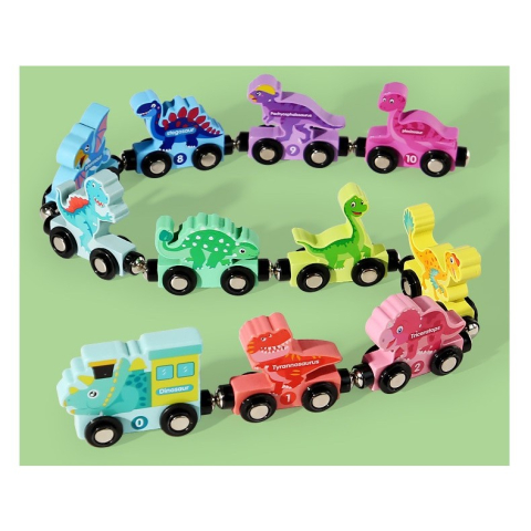 Trenulet Magnetic, din Lemn, Model Dinozauri, 10 Animale, +3 Ani, Jucarie de Asamblat, Multicolor [1]
