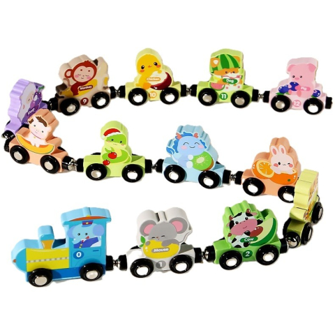Jucarii interactive - Trenulet Magnetic, din Lemn, Model Zoo, 12 Animale, +3 Ani, Jucarie de Asamblat, Multicolor