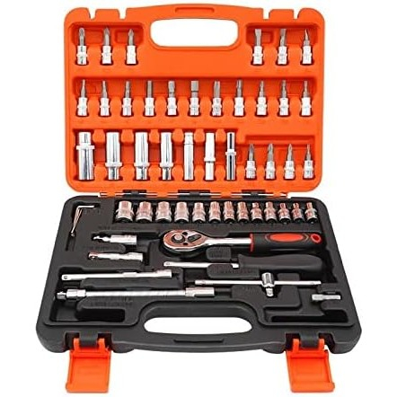 Accesorii Auto - Trusa Chei Tubulare, Set 53 de Piese, Surubelnita, Clichet, Tubulare, Imbus, Prelungitor, 27 x 20 x 5.5 cm, 1.5 kg, Cutie Rosu