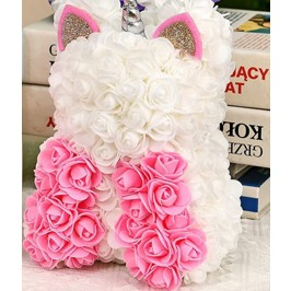 Accesorii Petrecere - Unicorn din flori, Trandafiri de spuma, Alb Roz, 17x17x23 cm, Cutie 19x19x28 cm