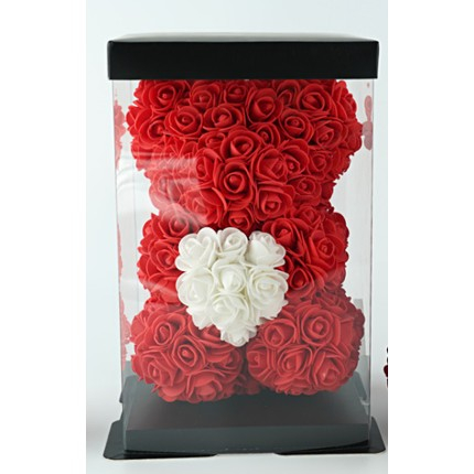 Accesorii Petrecere - Ursulet din flori, Trandafiri de spuma, Rosu, 17x17x23 cm, Cutie 19x19x28 cm