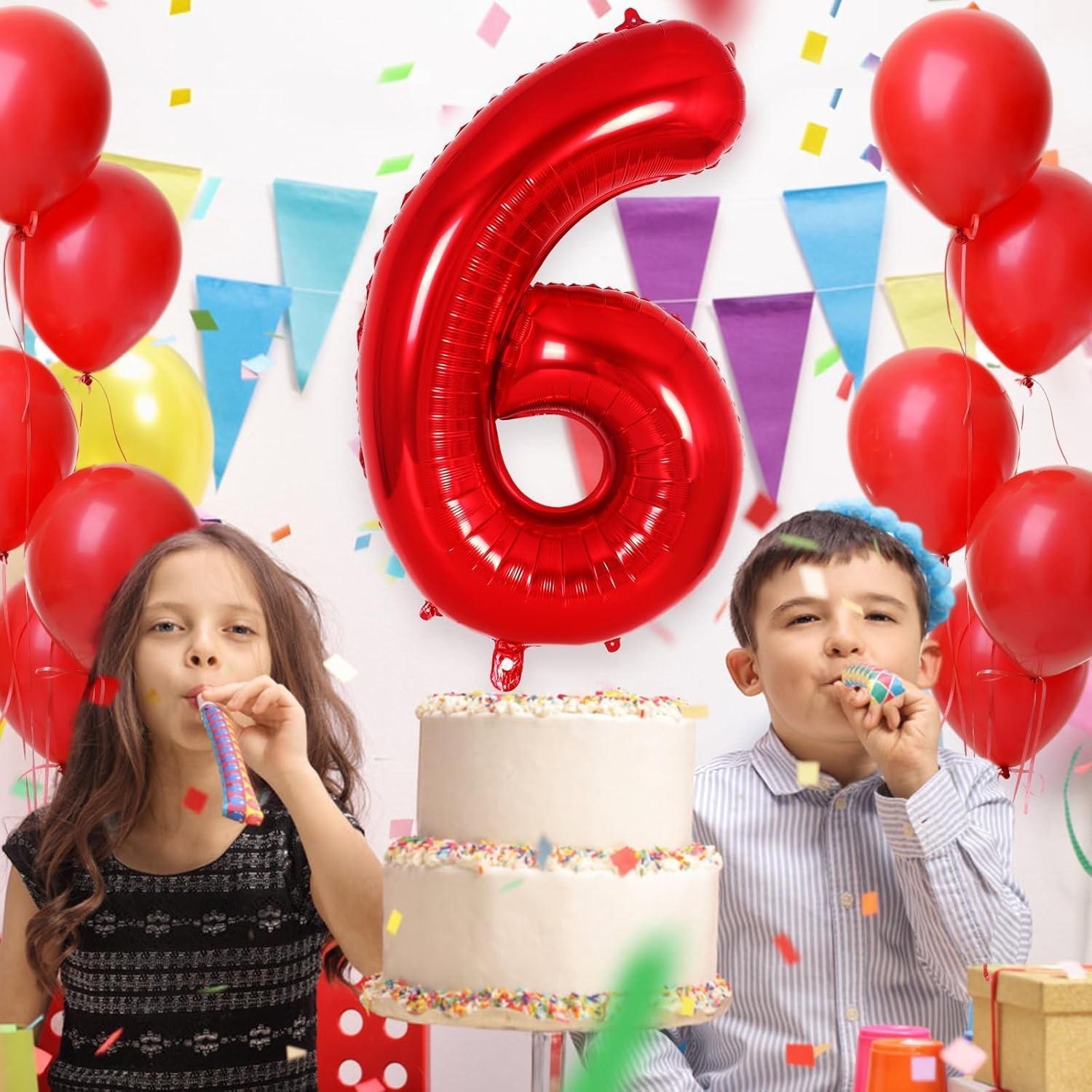 Balon din Folie Metalizata Figurina Cifra, Tema Aniversare 100 cm, Ambalaj Individual, Pai inclus, Umflare cu Aer sau Heliu, Rosu, Cifra 6 [3]