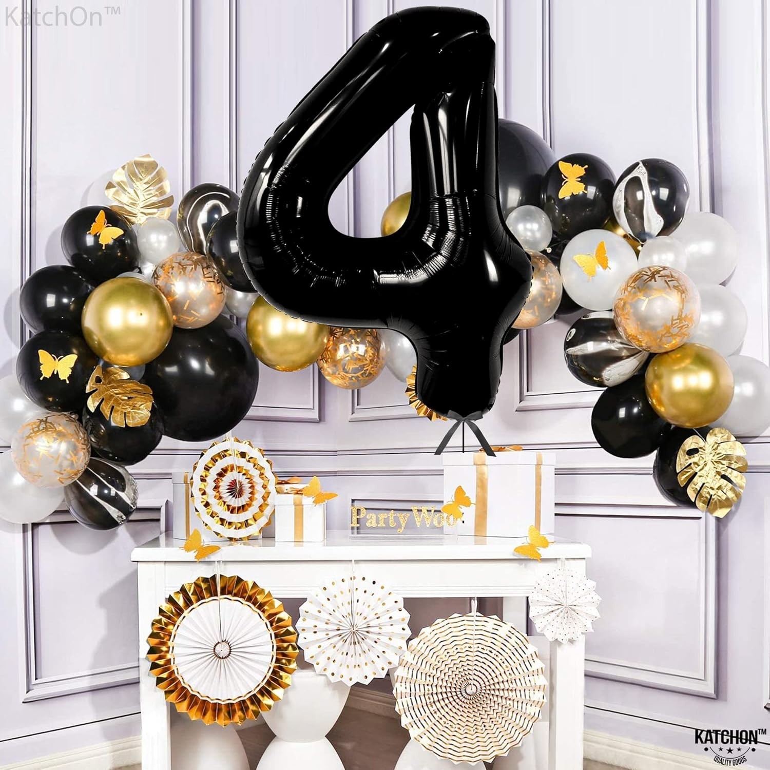 Balon din Folie Metalizata, Figurina Cifra, Tema Aniversare 100 cm, Ambalaj Individual, Pai inclus, Umflare cu Aer sau Heliu, Negru, Cifra 4 [4]