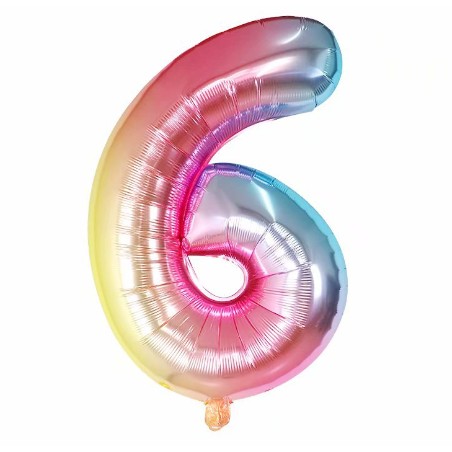 Cifre - Balon din Folie Metalizata Figurina Cifra, Tema Aniversare 40 cm, Ambalaj Individual, Pai inclus, Umflare cu Aer sau Heliu, Multicolor, Cifra 6