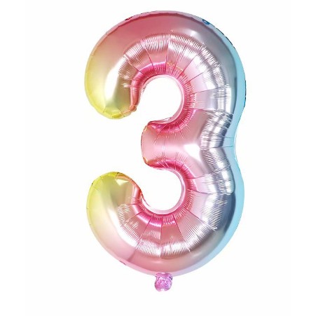 Cifre - Balon din Folie Metalizata Figurina Cifra Gradient, Tema Aniversare 40 cm, Ambalaj Individual, Pai inclus, Umflare cu Aer sau Heliu, Multicolor, Cifra 3