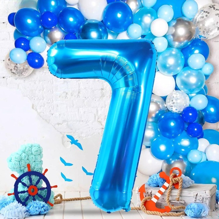 Balon din Folie Metalizata, Figurina Cifra, Tema Aniversare 100 cm, Ambalaj Individual, Pai inclus, Umflare cu Aer sau Heliu, Albastru, Cifra 7 [3]
