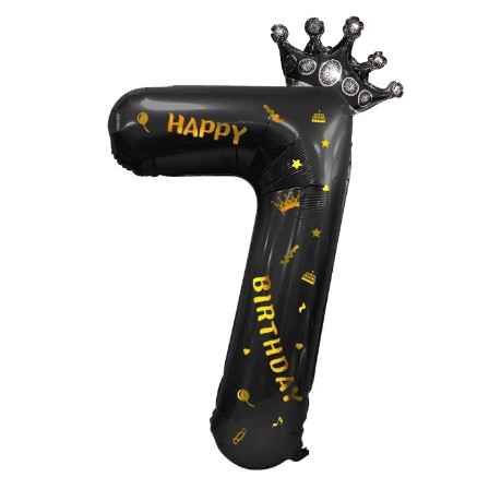 Balon din Folie Metalizata Figurina Cifra si Coroana, Scris Happy Birthday, Tema Aniversare 100 cm, Ambalaj Individual, Pai inclus, Umflare cu Aer sau Heliu, Negru, Cifra 7 [5]
