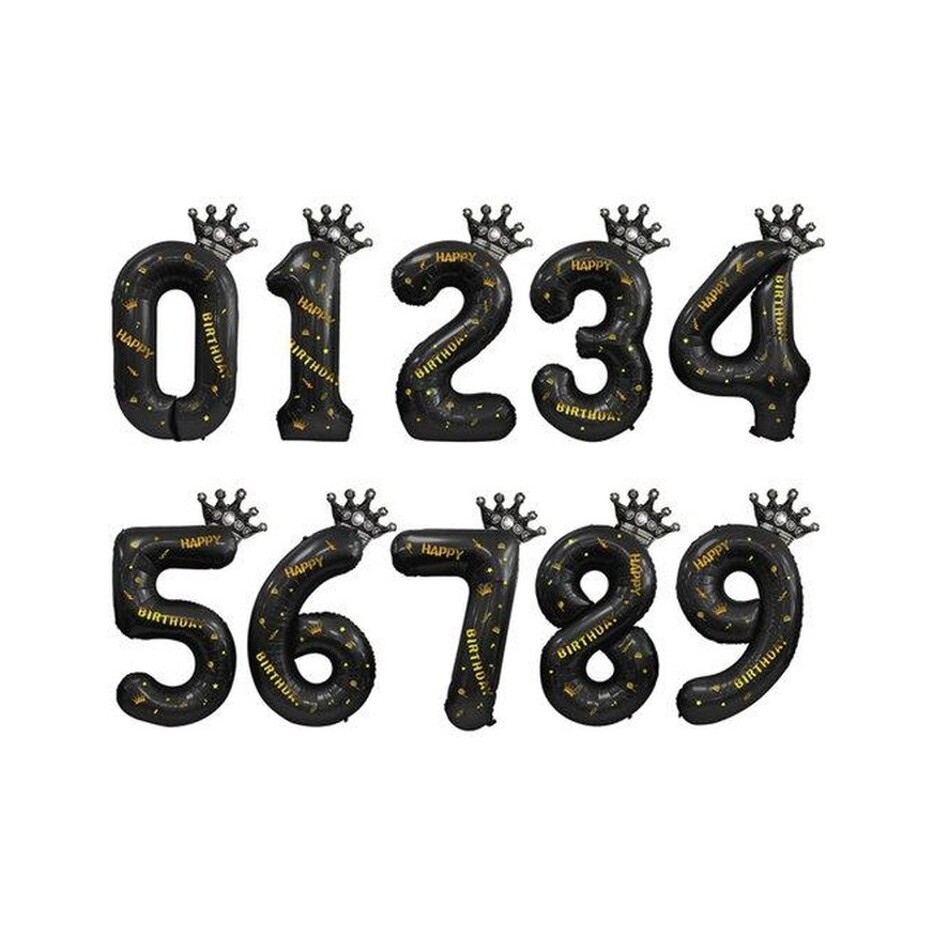 Balon din Folie Metalizata Figurina Cifra si Coroana, Scris Happy Birthday, Tema Aniversare 100 cm, Ambalaj Individual, Pai inclus, Umflare cu Aer sau Heliu, Negru, Cifra 0 [3]