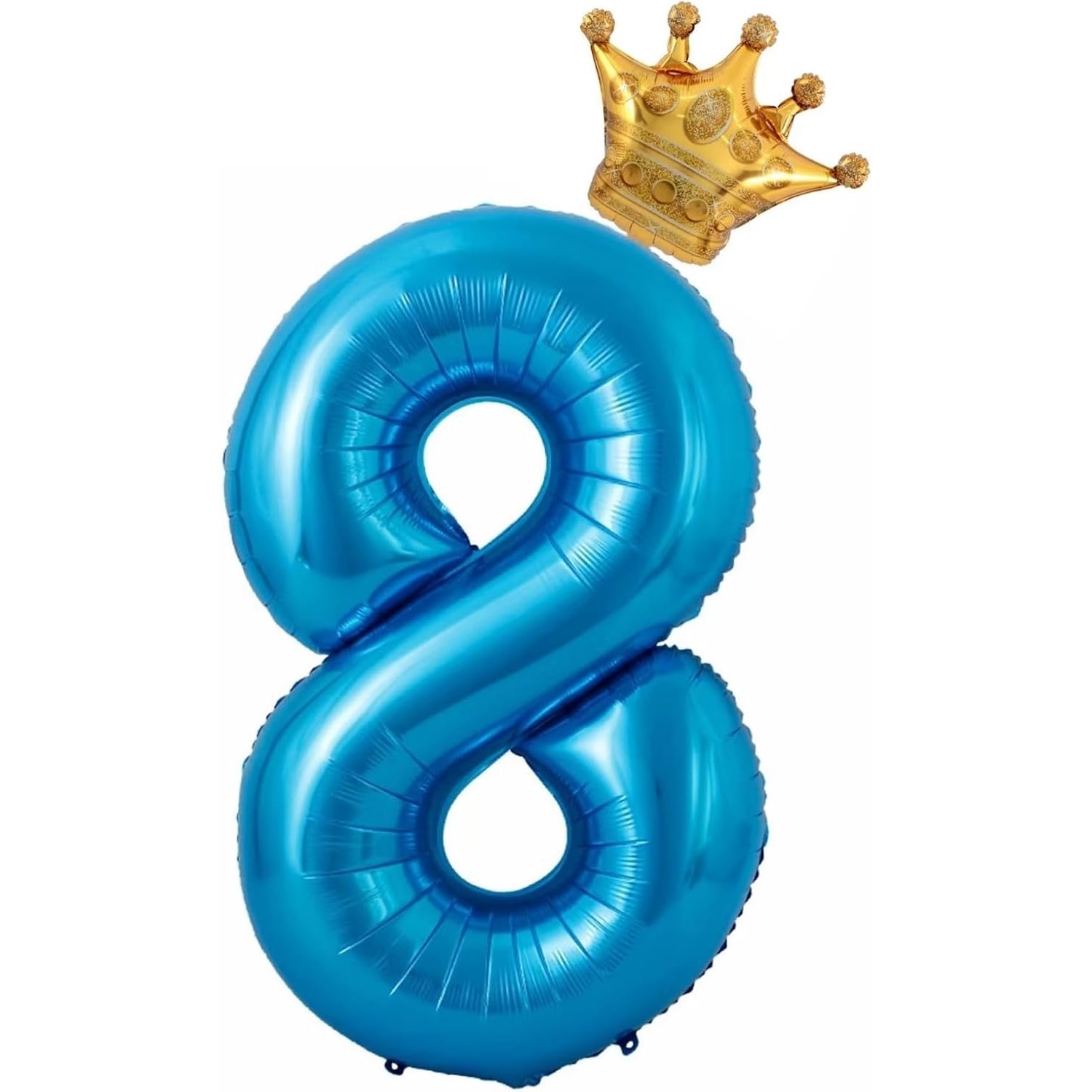 Cifre - Balon din Folie Metalizata Figurina Cifra si Coroana, Tema Aniversare 100 cm, Ambalaj Individual, Pai inclus, Umflare cu Aer sau Heliu, Albastru, Cifra 8