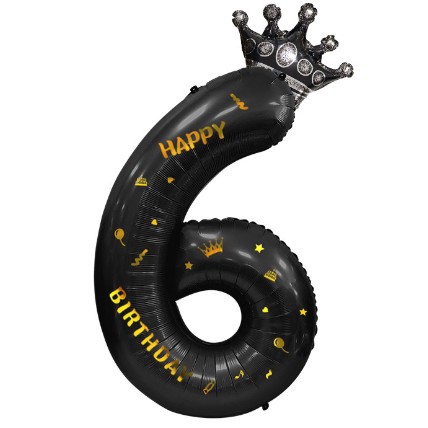 Balon din Folie Metalizata Figurina Cifra si Coroana, Scris Happy Birthday, Tema Aniversare 100 cm, Ambalaj Individual, Pai inclus, Umflare cu Aer sau Heliu, Negru, Cifra 6 [6]