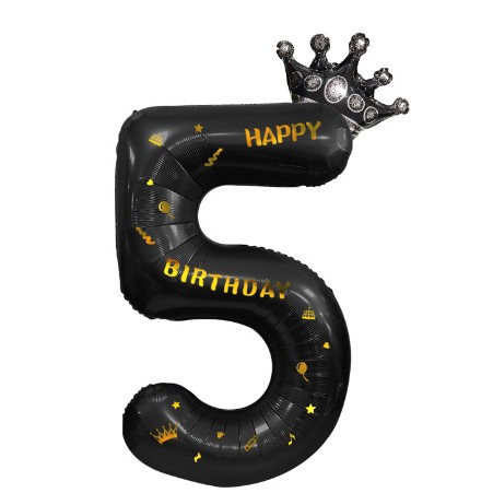 Balon din Folie Metalizata Figurina Cifra si Coroana, Scris Happy Birthday, Tema Aniversare 100 cm, Ambalaj Individual, Pai inclus, Umflare cu Aer sau Heliu, Negru, Cifra 5 [5]
