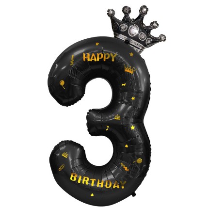Balon din Folie Metalizata Figurina Cifra si Coroana, Scris Happy Birthday, Tema Aniversare 100 cm, Ambalaj Individual, Pai inclus, Umflare cu Aer sau Heliu, Negru, Cifra 3 [5]