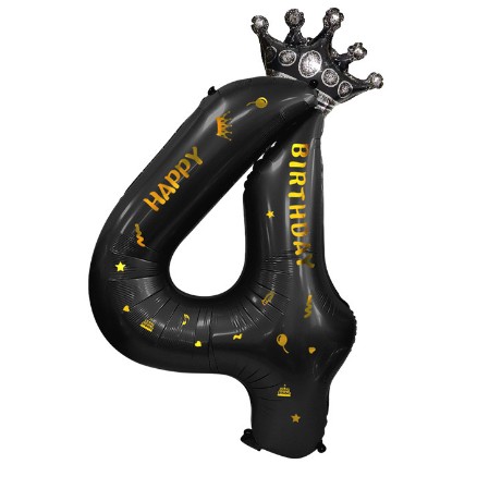 Balon din Folie Metalizata Figurina Cifra si Coroana, Scris Happy Birthday, Tema Aniversare 100 cm, Ambalaj Individual, Pai inclus, Umflare cu Aer sau Heliu, Negru, Cifra 4 [6]