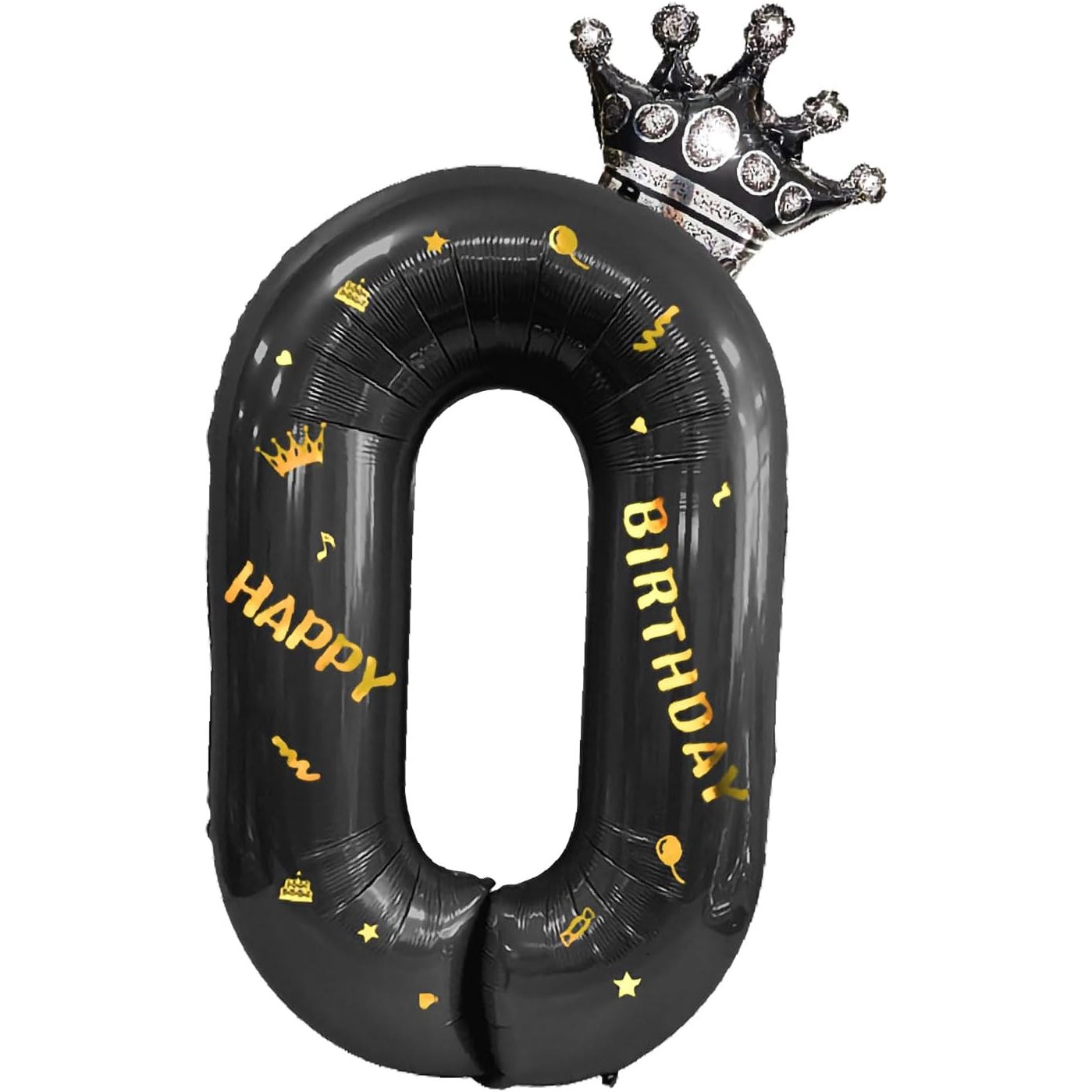 Cifre - Balon din Folie Metalizata Figurina Cifra si Coroana, Scris Happy Birthday, Tema Aniversare 100 cm, Ambalaj Individual, Pai inclus, Umflare cu Aer sau Heliu, Negru, Cifra 0
