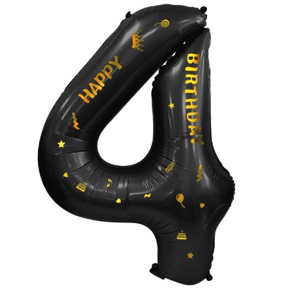 Balon din Folie Metalizata Figurina Cifra, Scris Happy Birthday, Tema Aniversare 100 cm, Ambalaj Individual, Pai inclus, Umflare cu Aer sau Heliu, Negru, Cifra 4 [3]