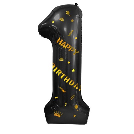 Balon din Folie Metalizata Figurina Cifra, Scris Happy Birthday, Tema Aniversare 100 cm, Ambalaj Individual, Pai inclus, Umflare cu Aer sau Heliu, Negru, Cifra 1 [6]