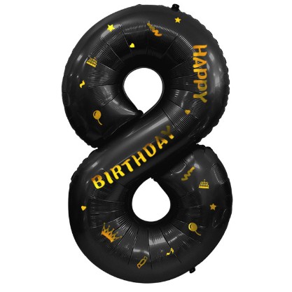 Balon din Folie Metalizata Figurina Cifra, Scris Happy Birthday, Tema Aniversare 100 cm, Ambalaj Individual, Pai inclus, Umflare cu Aer sau Heliu, Negru, Cifra 8 [2]