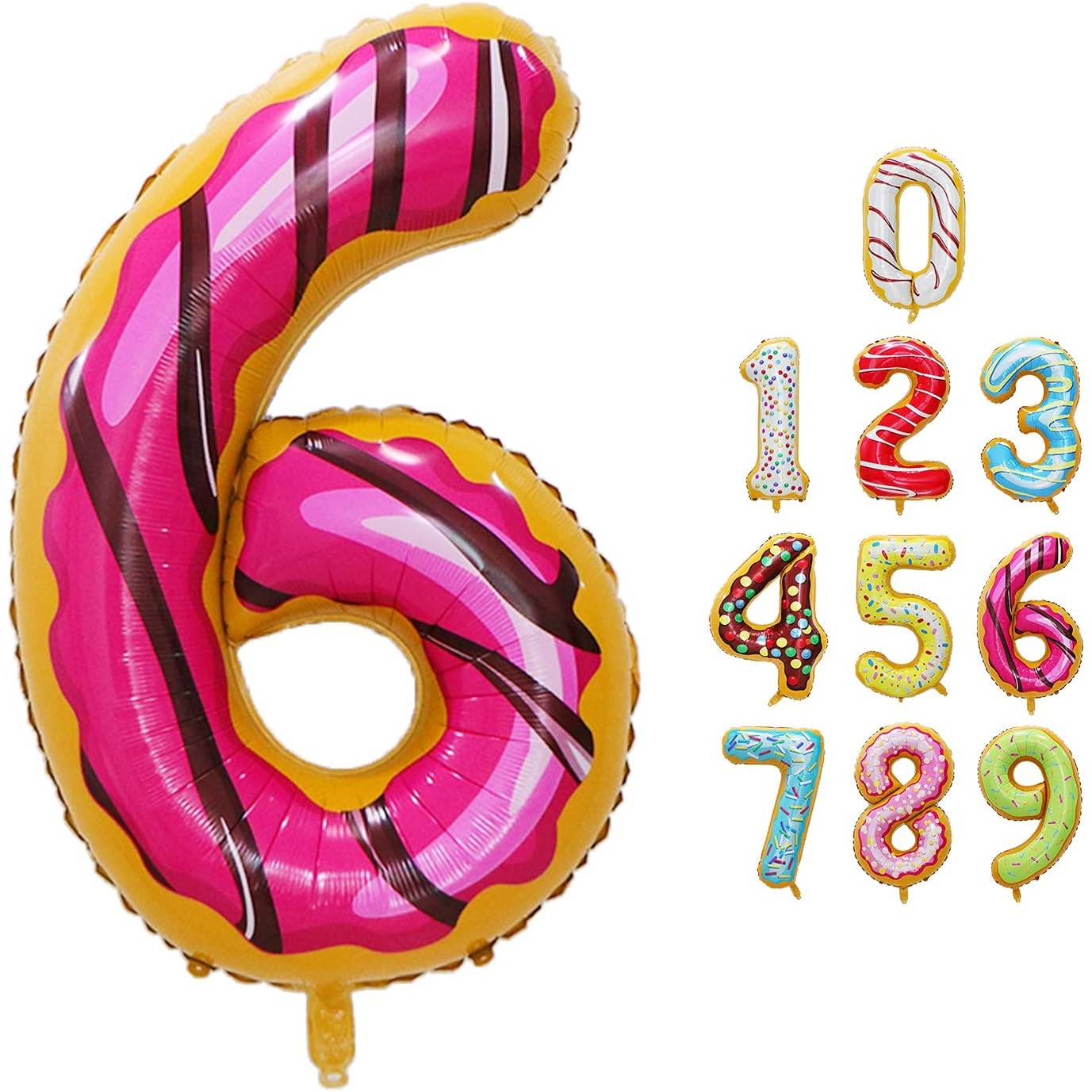 Balon din Folie Metalizata Figurina Cifra, Imprimeu Gogosi, Tema Aniversare 100 cm, Ambalaj Individual, Pai inclus, Umflare cu Aer sau Heliu, Multicolor, Cifra 6 [10]