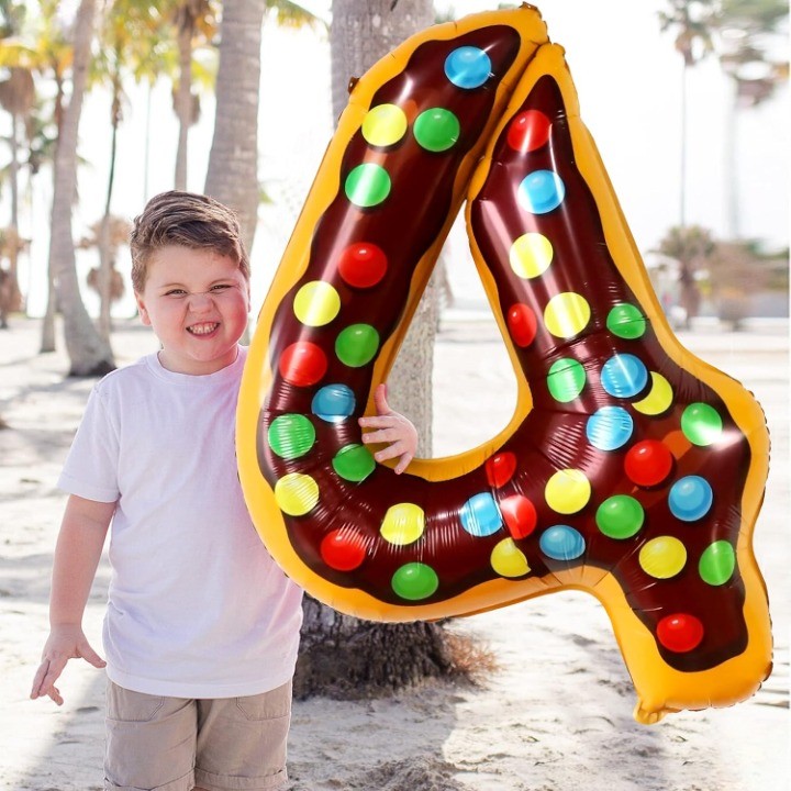 Balon din Folie Metalizata Figurina Cifra, Imprimeu Gogosi, Tema Aniversare 100 cm, Ambalaj Individual, Pai inclus, Umflare cu Aer sau Heliu, Multicolor, Cifra 4 [5]