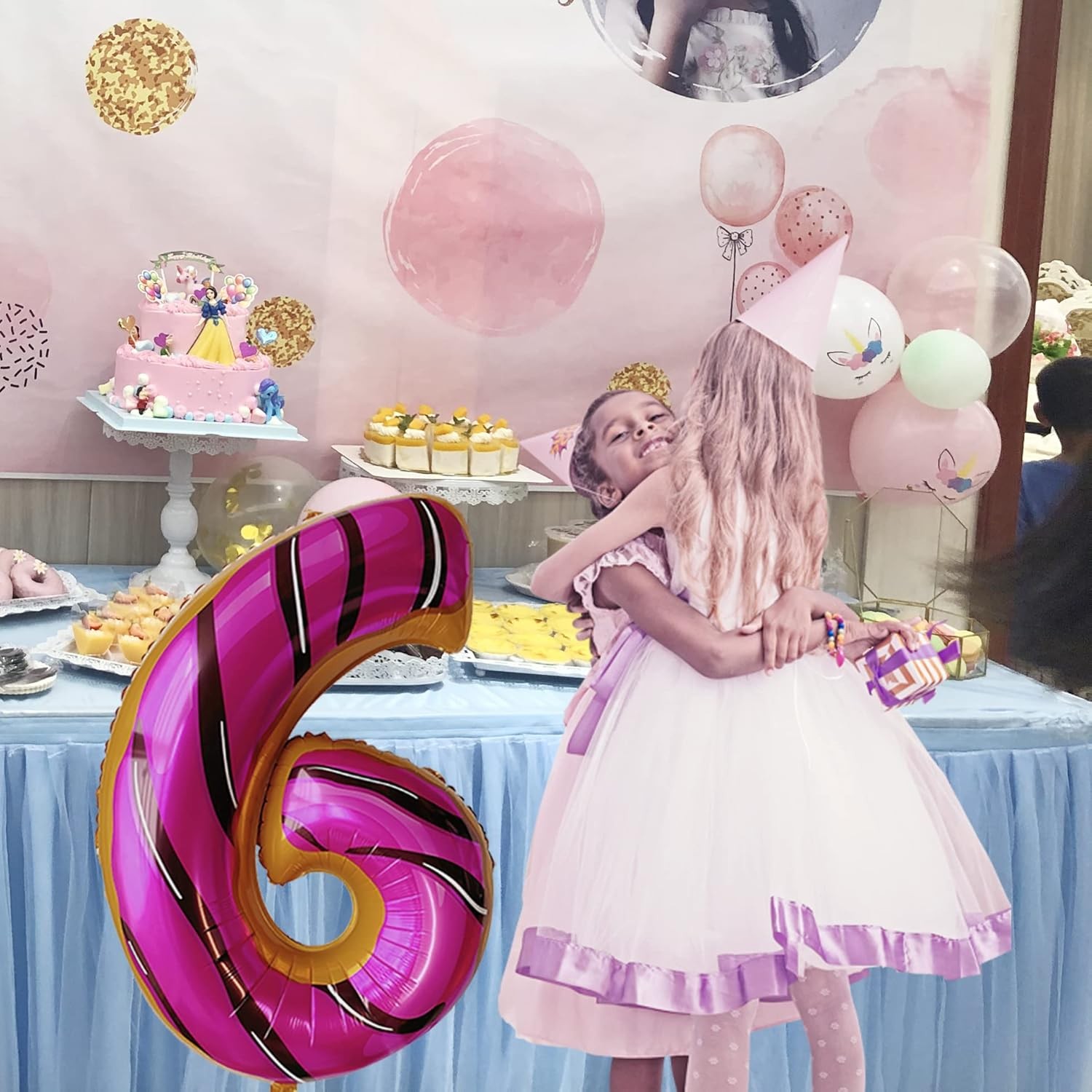 Balon din Folie Metalizata Figurina Cifra, Imprimeu Gogosi, Tema Aniversare 100 cm, Ambalaj Individual, Pai inclus, Umflare cu Aer sau Heliu, Multicolor, Cifra 6 [5]