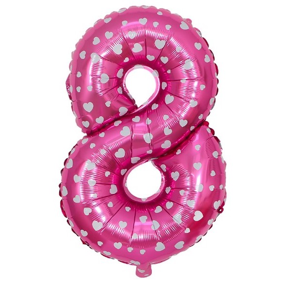 Baloane Folie - Balon din Folie Metalizata Figurina Cifra, Imprimeu Inimi, Tema Aniversare 80 cm, Ambalaj Individual, Pai inclus, Umflare cu Aer sau Heliu, Roz, Cifra 8