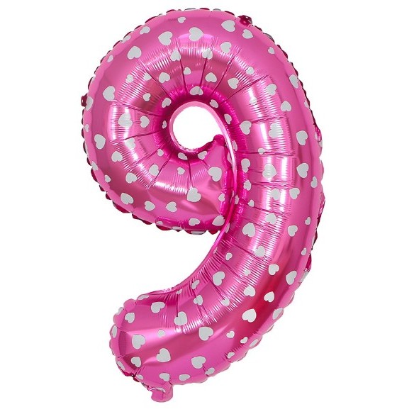 Baloane Folie - Balon din Folie Metalizata Figurina Cifra, Imprimeu Inimi, Tema Aniversare 80 cm, Ambalaj Individual, Pai inclus, Umflare cu Aer sau Heliu, Roz, Cifra 9