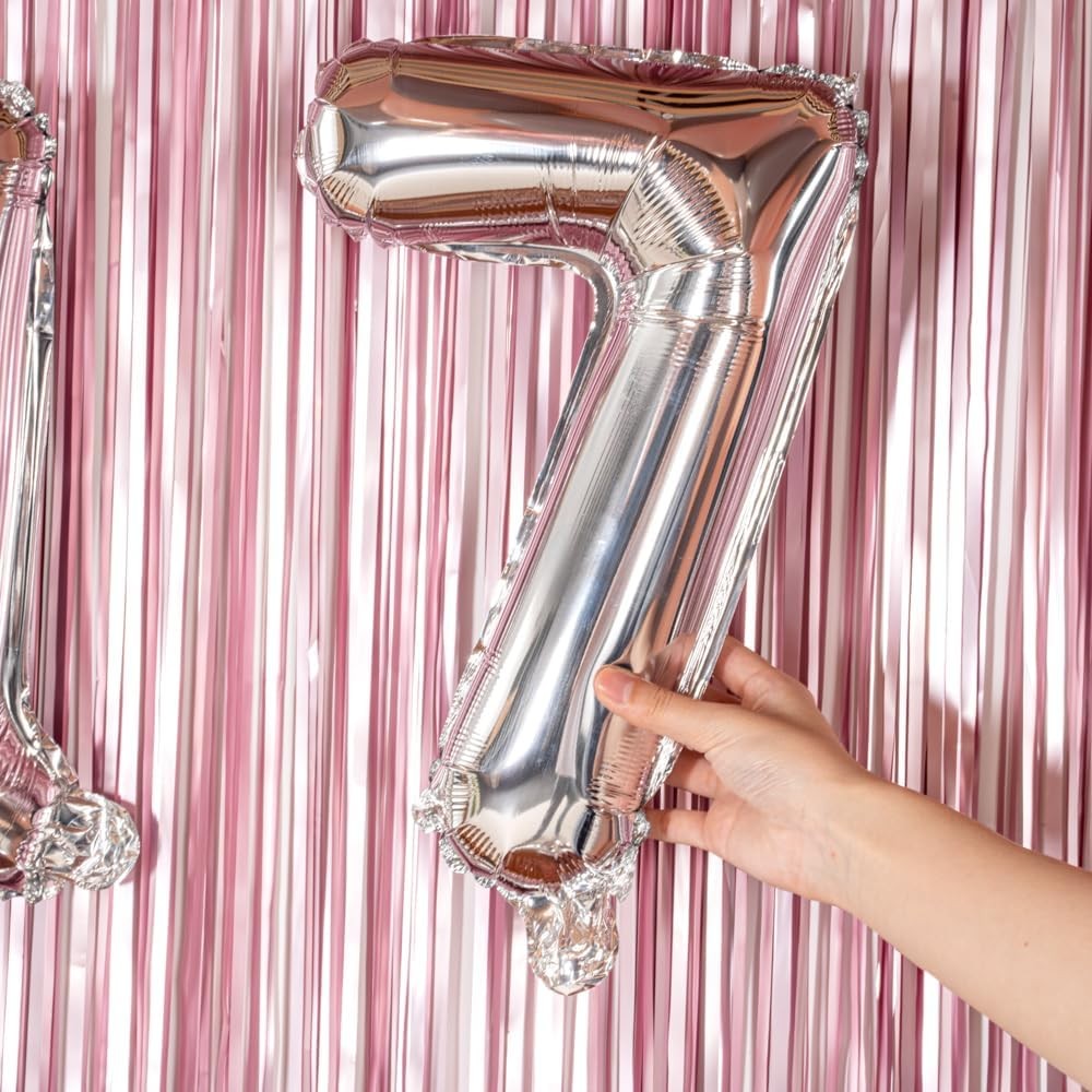 Balon din Folie Metalizata Figurina Cifra, Tema Aniversare 40 cm, Ambalaj Individual, Pai inclus, Umflare cu Aer sau Heliu, Argintiu, Cifra 7 [1]