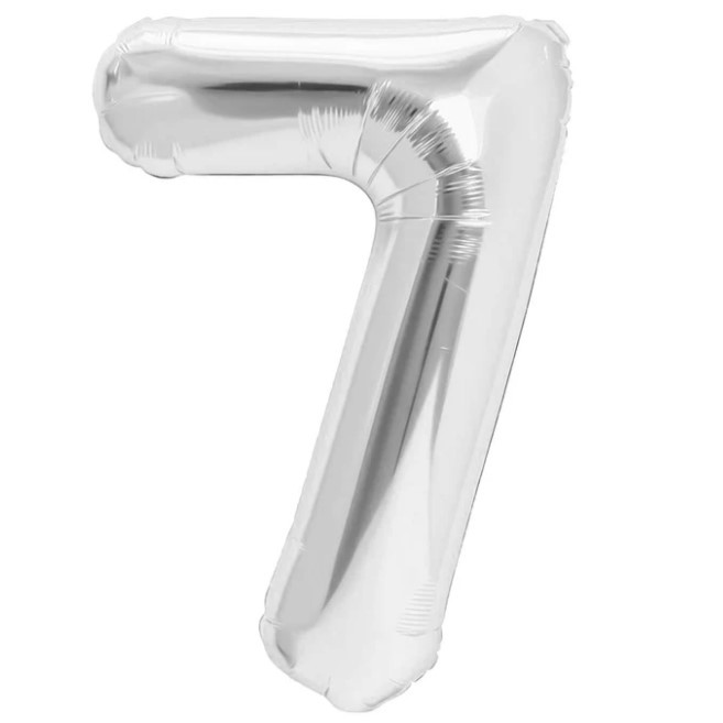 Cifre - Balon din Folie Metalizata Figurina Cifra, Tema Aniversare 40 cm, Ambalaj Individual, Pai inclus, Umflare cu Aer sau Heliu, Argintiu, Cifra 7