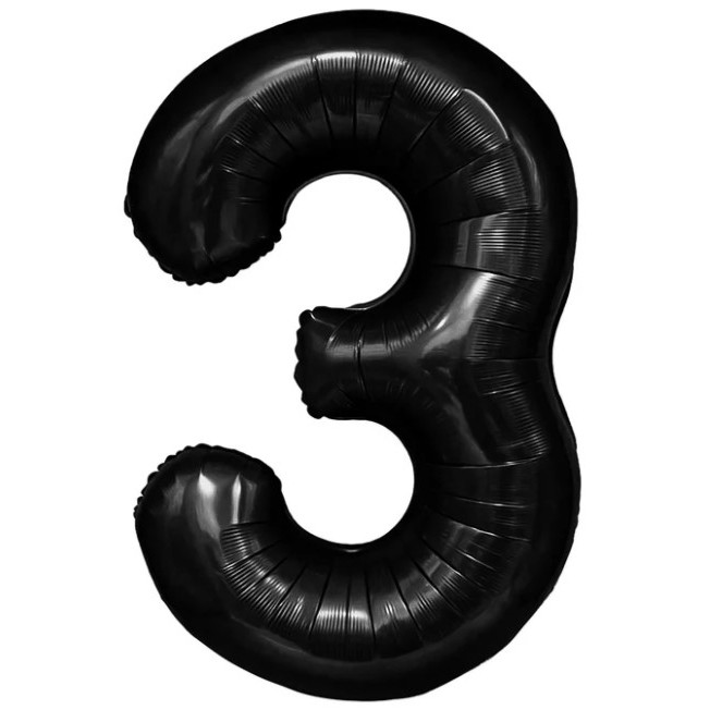 Cifre - Balon din Folie Metalizata Figurina Cifra, Tema Aniversare 40 cm, Ambalaj Individual, Pai inclus, Umflare cu Aer sau Heliu, Negru, Cifra 3