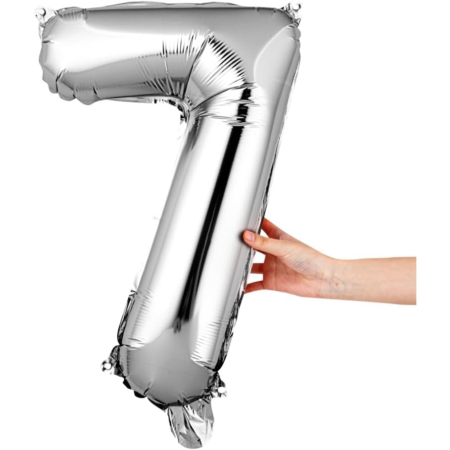 Balon din Folie Metalizata Figurina Cifra, Tema Aniversare 40 cm, Ambalaj Individual, Pai inclus, Umflare cu Aer sau Heliu, Argintiu, Cifra 7 [4]