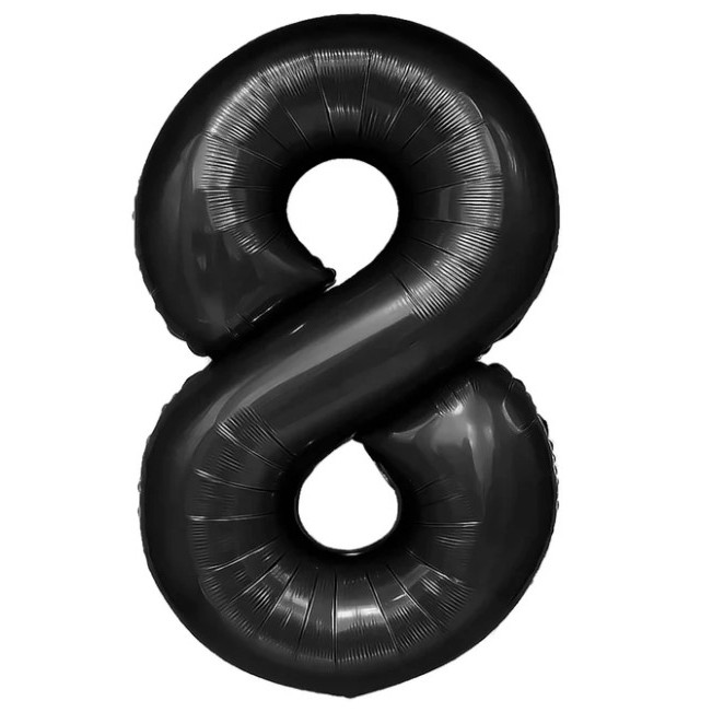 Cifre - Balon din Folie Metalizata Figurina Cifra, Tema Aniversare 40 cm, Ambalaj Individual, Pai inclus, Umflare cu Aer sau Heliu, Negru, Cifra 8