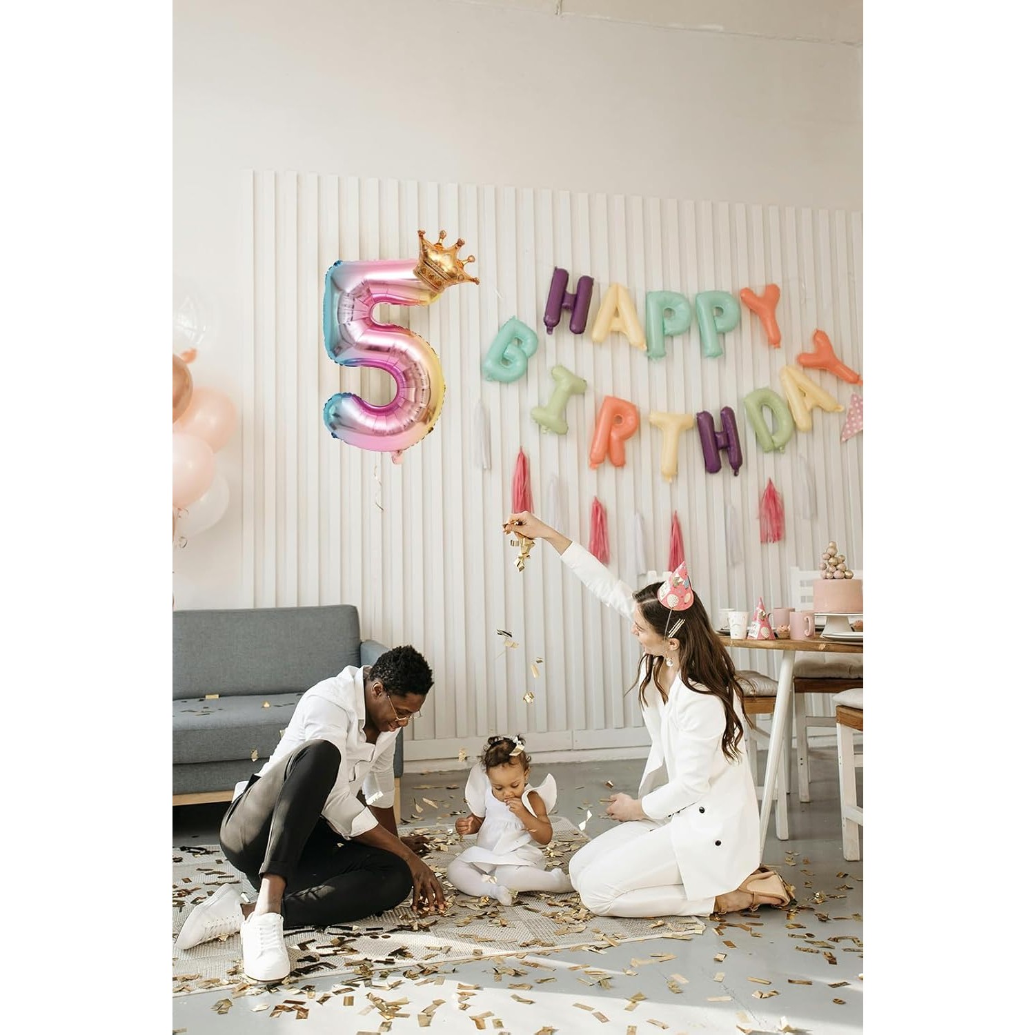 Balon din Folie Metalizata, Figurina Cifra Gradient, Tema Aniversare 80 cm, Ambalaj Individual, Pai inclus, Umflare cu Aer sau Heliu, Coronita, Cifra 5 [5]
