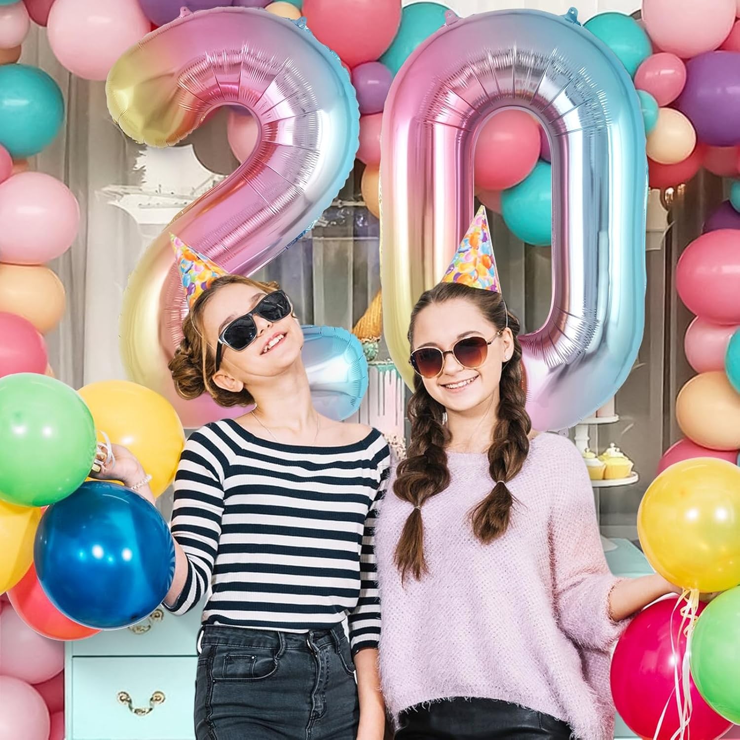 Balon din Folie Metalizata Figurina Cifra Gradient, Tema Aniversare 40 cm, Ambalaj Individual, Pai inclus, Umflare cu Aer sau Heliu, Multicolor, Cifra 2 [2]