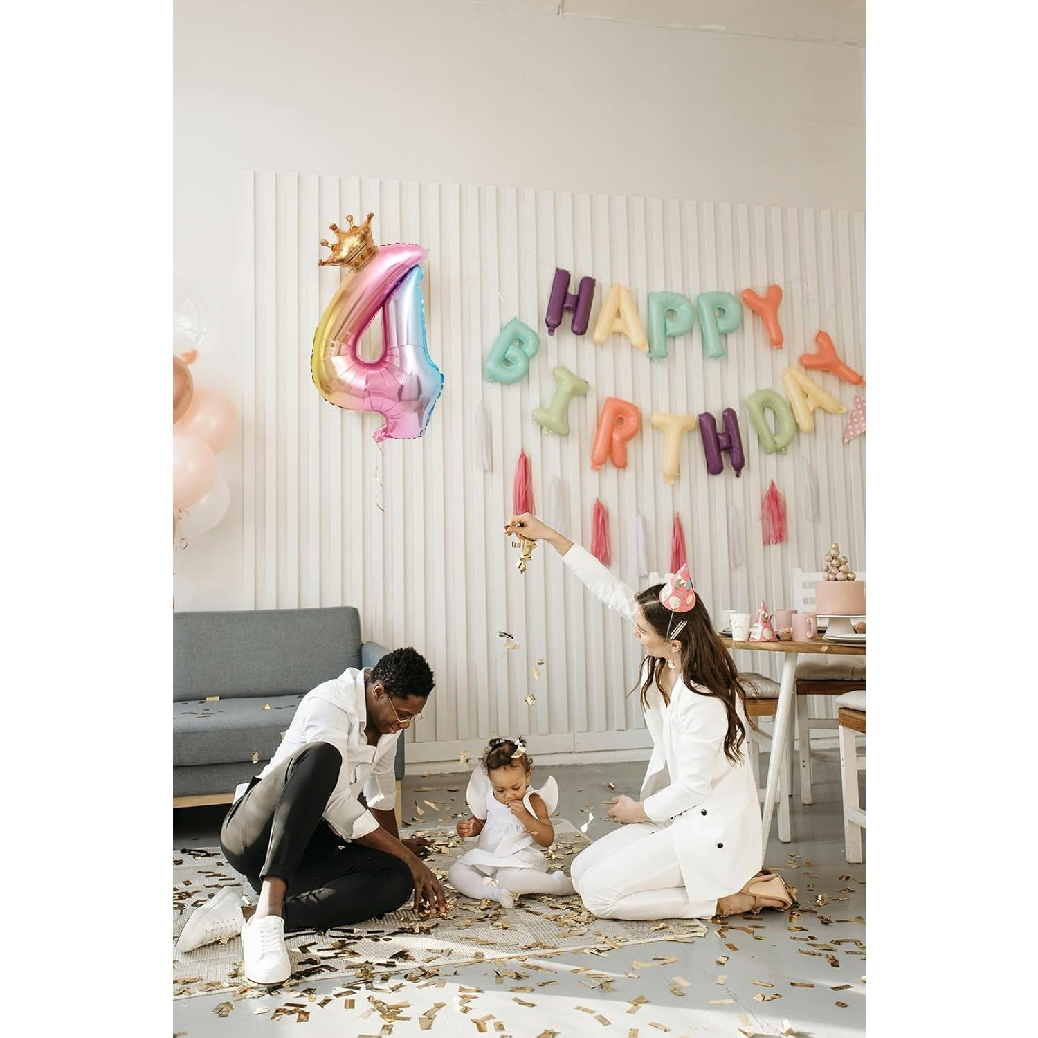 Balon din Folie Metalizata, Figurina Cifra Gradient, Tema Aniversare 80 cm, Ambalaj Individual, Pai inclus, Umflare cu Aer sau Heliu, Coronita, Cifra 4 [1]