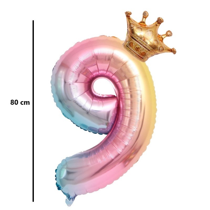 Balon din Folie Metalizata, Figurina Cifra Gradient, Tema Aniversare 80 cm, Ambalaj Individual, Pai inclus, Umflare cu Aer sau Heliu, Coronita, Cifra 9 [7]