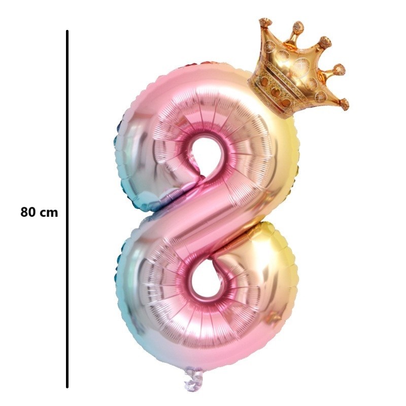 Balon din Folie Metalizata, Figurina Cifra Gradient, Tema Aniversare 80 cm, Ambalaj Individual, Pai inclus, Umflare cu Aer sau Heliu, Coronita, Cifra 8 [5]