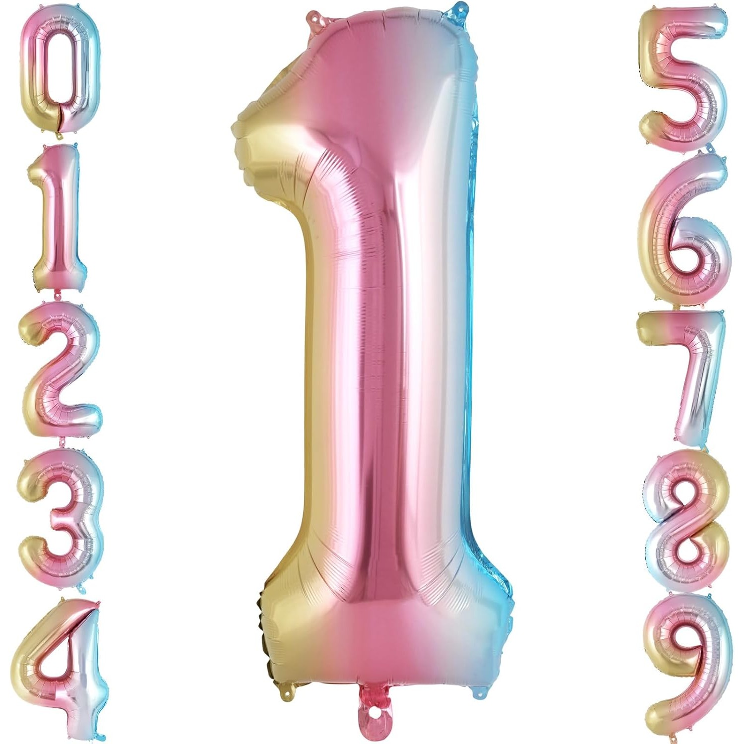 Balon din Folie Metalizata Figurina Cifra Gradient, Tema Aniversare 40 cm, Ambalaj Individual, Pai inclus, Umflare cu Aer sau Heliu, Multicolor, Cifra 1 [5]
