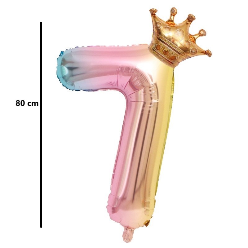 Balon din Folie Metalizata, Figurina Cifra Gradient, Tema Aniversare 80 cm, Ambalaj Individual, Pai inclus, Umflare cu Aer sau Heliu, Coronita, Cifra 7 [5]