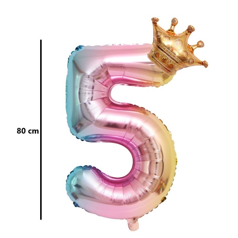 Balon din Folie Metalizata, Figurina Cifra Gradient, Tema Aniversare 80 cm, Ambalaj Individual, Pai inclus, Umflare cu Aer sau Heliu, Coronita, Cifra 5 [6]