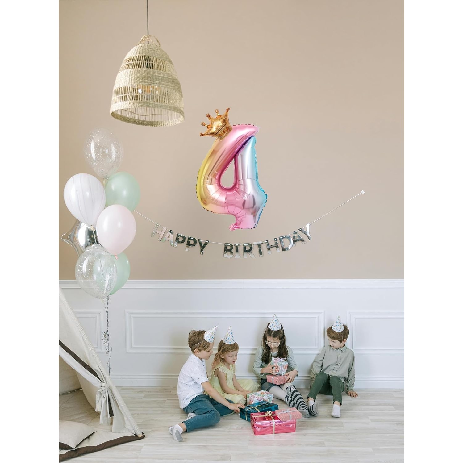 Balon din Folie Metalizata, Figurina Cifra Gradient, Tema Aniversare 80 cm, Ambalaj Individual, Pai inclus, Umflare cu Aer sau Heliu, Coronita, Cifra 4 [2]