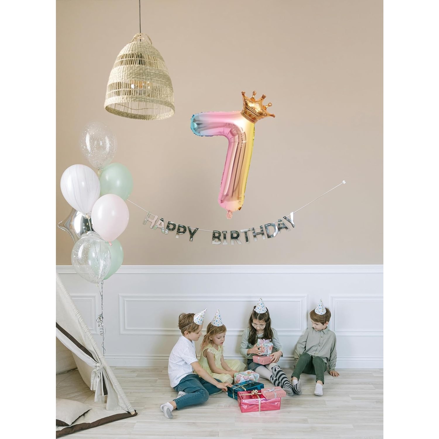 Balon din Folie Metalizata, Figurina Cifra Gradient, Tema Aniversare 80 cm, Ambalaj Individual, Pai inclus, Umflare cu Aer sau Heliu, Coronita, Cifra 7 [2]