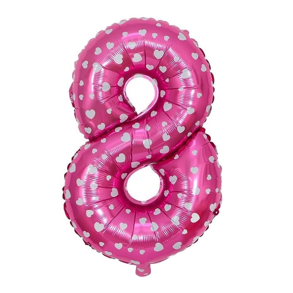 Balon din Folie Metalizata Figurina Cifra, Imprimeu Inimi, Tema Aniversare 80 cm, Ambalaj Individual, Pai inclus, Umflare cu Aer sau Heliu, Roz, Cifra 8 [2]