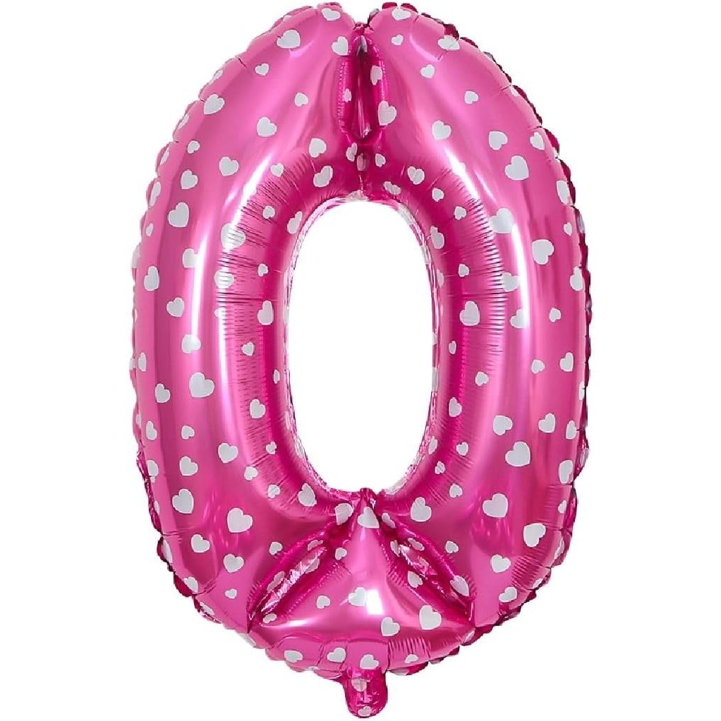 Balon din Folie Metalizata Figurina Cifra, Imprimeu Inimi, Tema Aniversare 80 cm, Ambalaj Individual, Pai inclus, Umflare cu Aer sau Heliu, Roz, Cifra 0 [2]