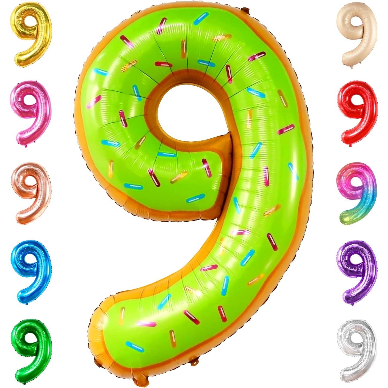 Balon din Folie Metalizata Figurina Cifra, Imprimeu Gogosi, Tema Aniversare 100 cm, Ambalaj Individual, Pai inclus, Umflare cu Aer sau Heliu, Multicolor, Cifra 9 [4]