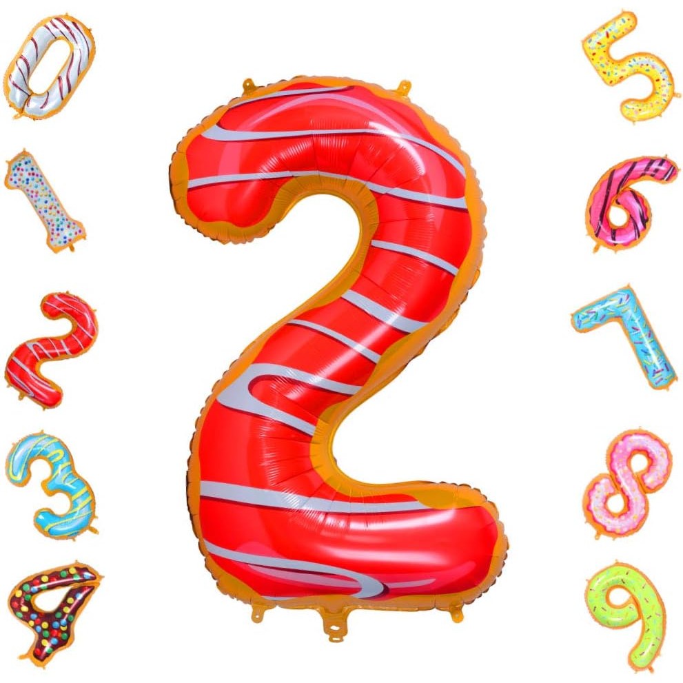 Balon din Folie Metalizata Figurina Cifra, Imprimeu Gogosi, Tema Aniversare 100 cm, Ambalaj Individual, Pai inclus, Umflare cu Aer sau Heliu, Multicolor, Cifra 2 [8]