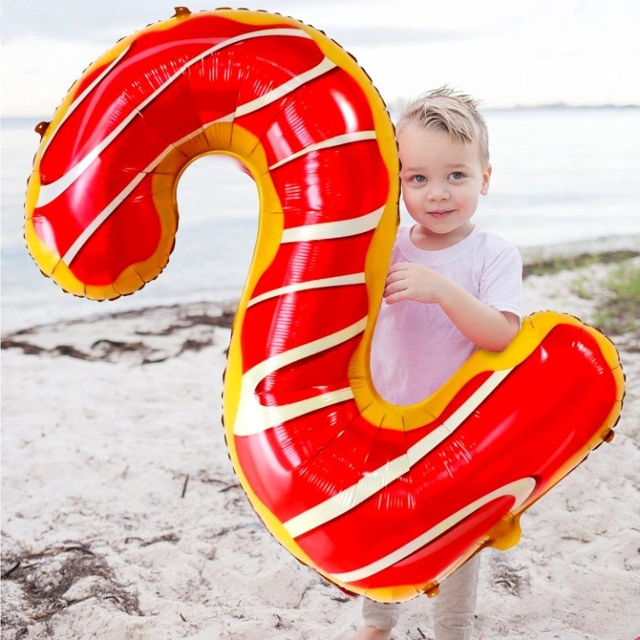 Balon din Folie Metalizata Figurina Cifra, Imprimeu Gogosi, Tema Aniversare 100 cm, Ambalaj Individual, Pai inclus, Umflare cu Aer sau Heliu, Multicolor, Cifra 2 [4]