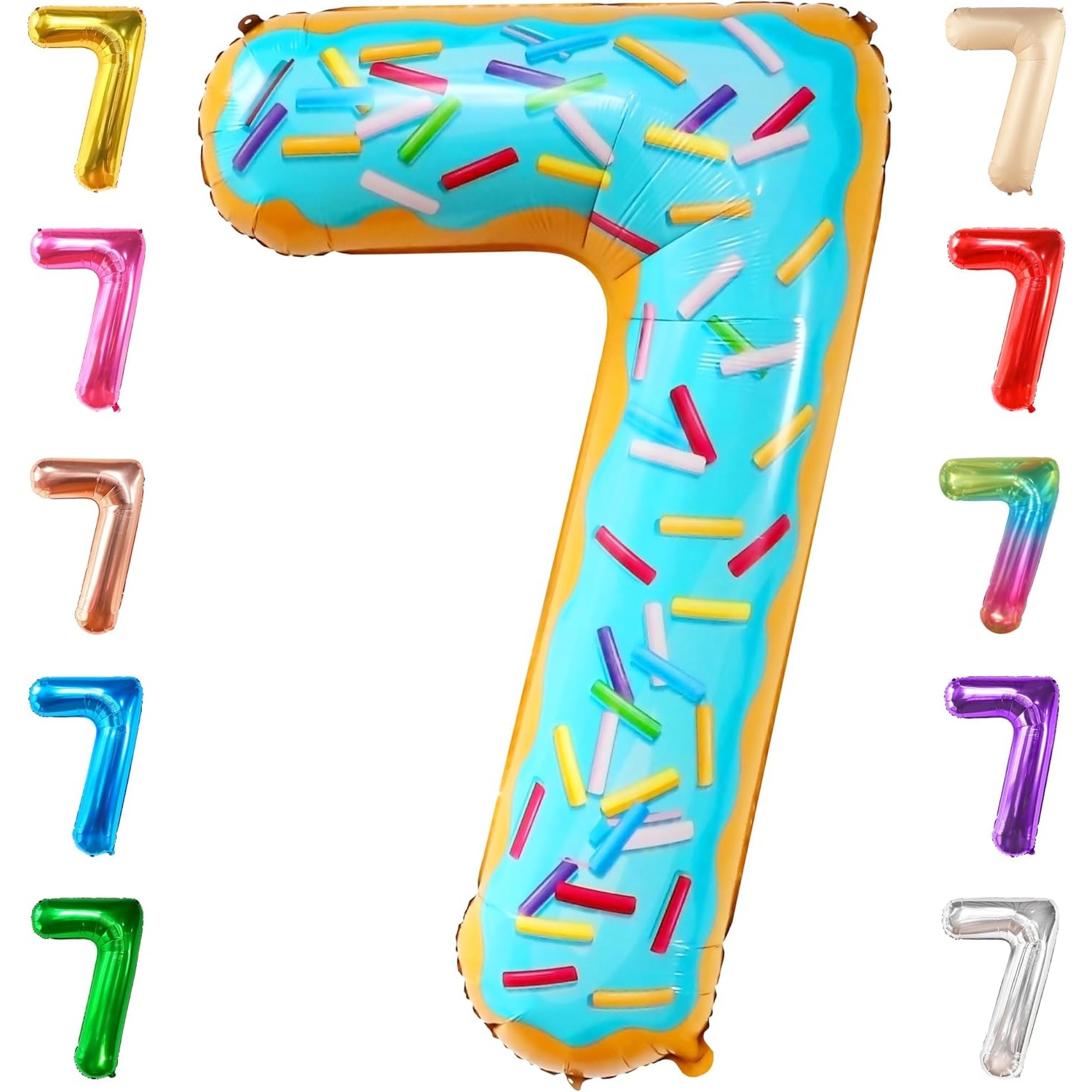 Balon din Folie Metalizata Figurina Cifra, Imprimeu Gogosi, Tema Aniversare 100 cm, Ambalaj Individual, Pai inclus, Umflare cu Aer sau Heliu, Multicolor, Cifra 7 [5]