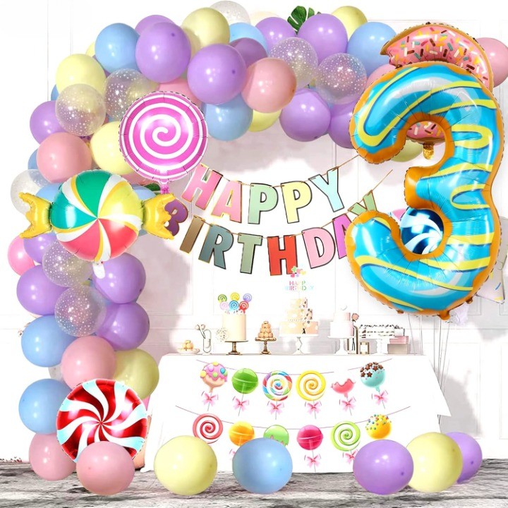 Balon din Folie Metalizata Figurina Cifra, Imprimeu Gogosi, Tema Aniversare 100 cm, Ambalaj Individual, Pai inclus, Umflare cu Aer sau Heliu, Multicolor, Cifra 3 [3]