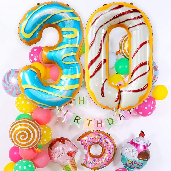 Balon din Folie Metalizata Figurina Cifra, Imprimeu Gogosi, Tema Aniversare 100 cm, Ambalaj Individual, Pai inclus, Umflare cu Aer sau Heliu, Multicolor, Cifra 0 [4]